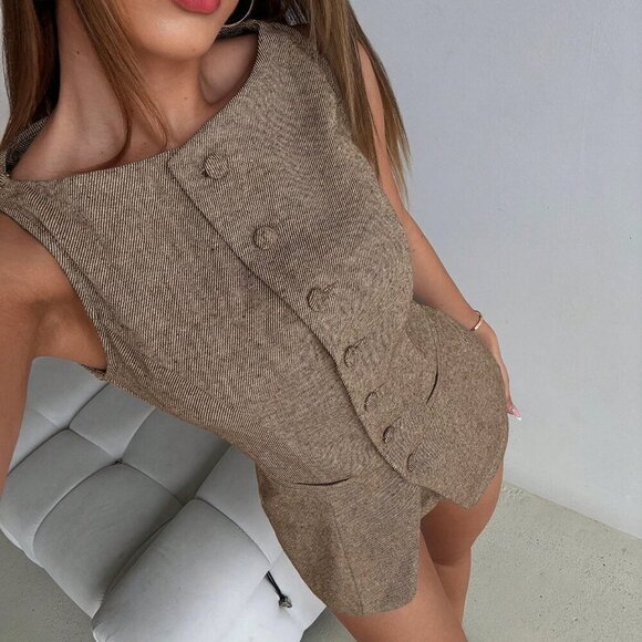 Brown Casual Women's Fitted Open-Front Single-Breasted Vest & Low-Waist Set - Picture 5 of 7